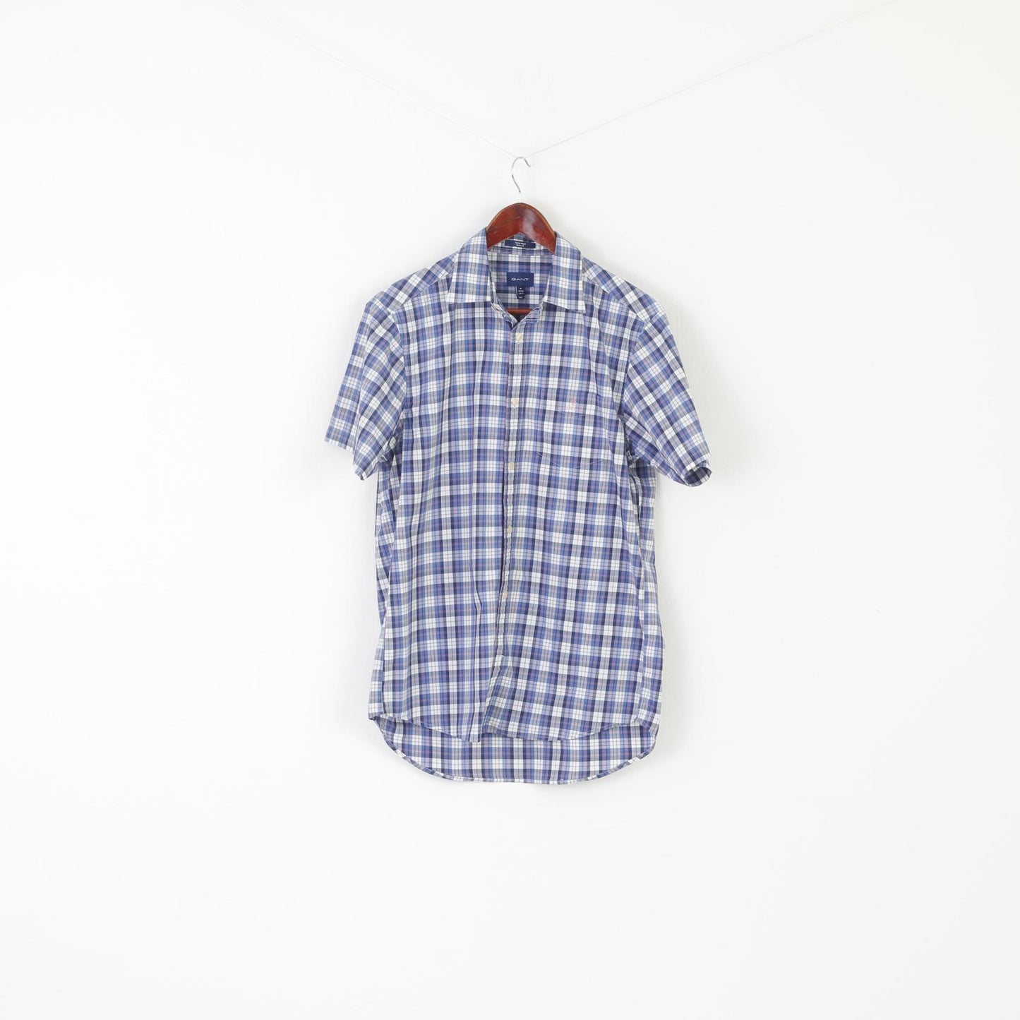 GANT Men M Casual Shirt Blue Check Cotton Short Sleeve Tech Prep Regular Top