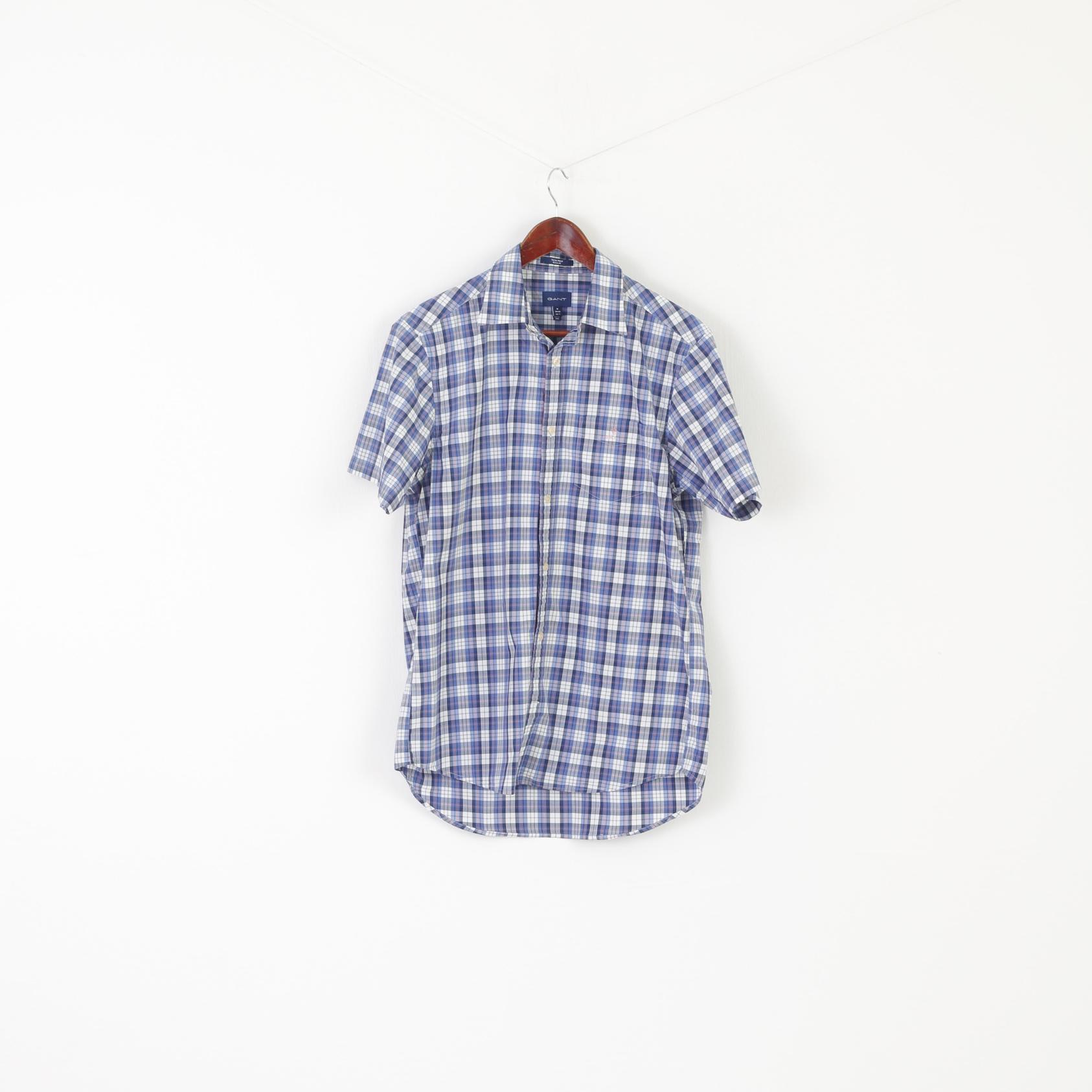 GANT Men M Casual Shirt Blue Check Cotton Short Sleeve Tech Prep Regular Top