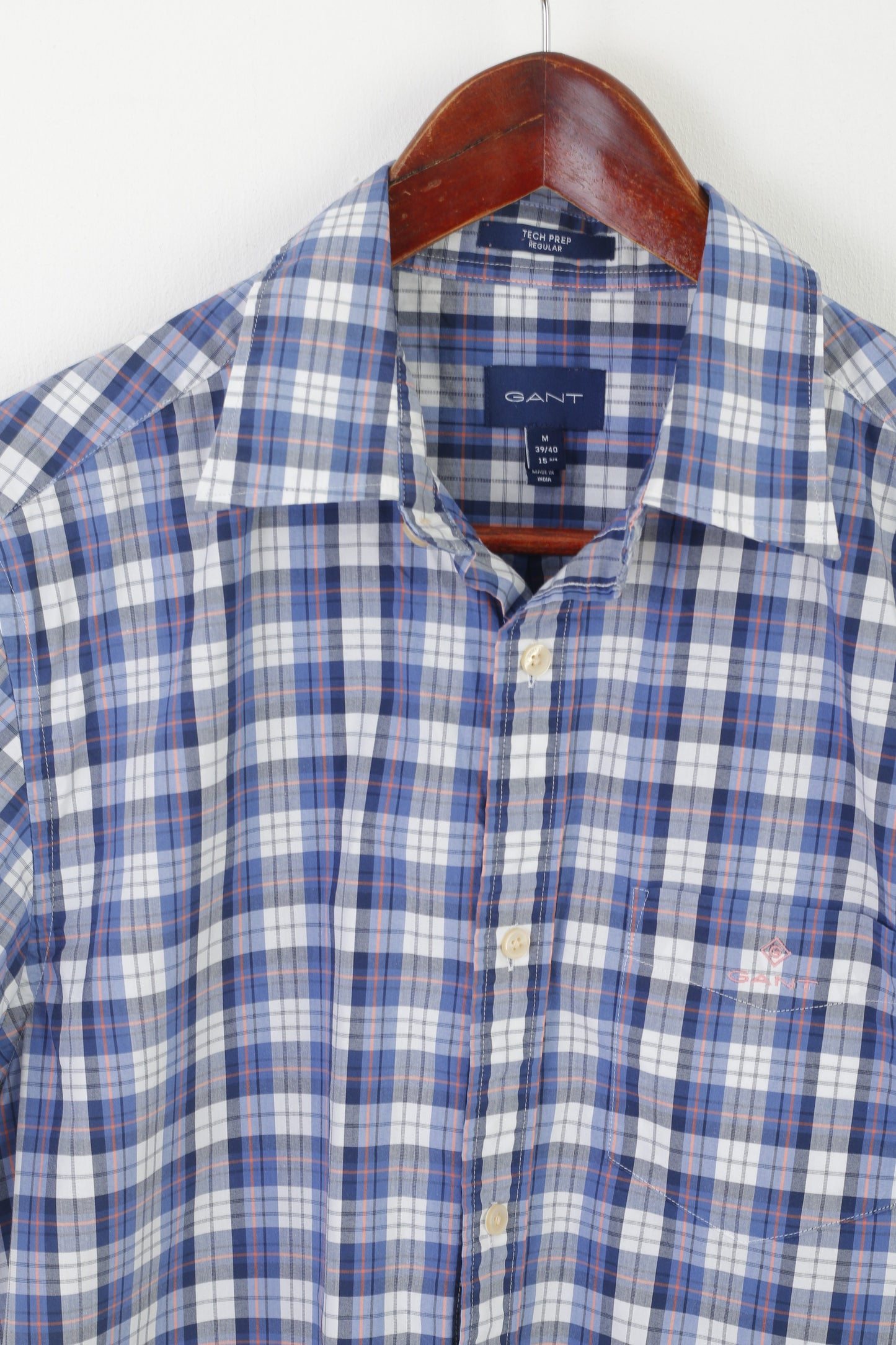 GANT Men M Casual Shirt Blue Check Cotton Short Sleeve Tech Prep Regular Top