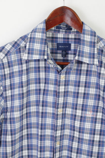 GANT Camicia casual da uomo M Top regolare in cotone a quadri blu a maniche corte Tech Prep