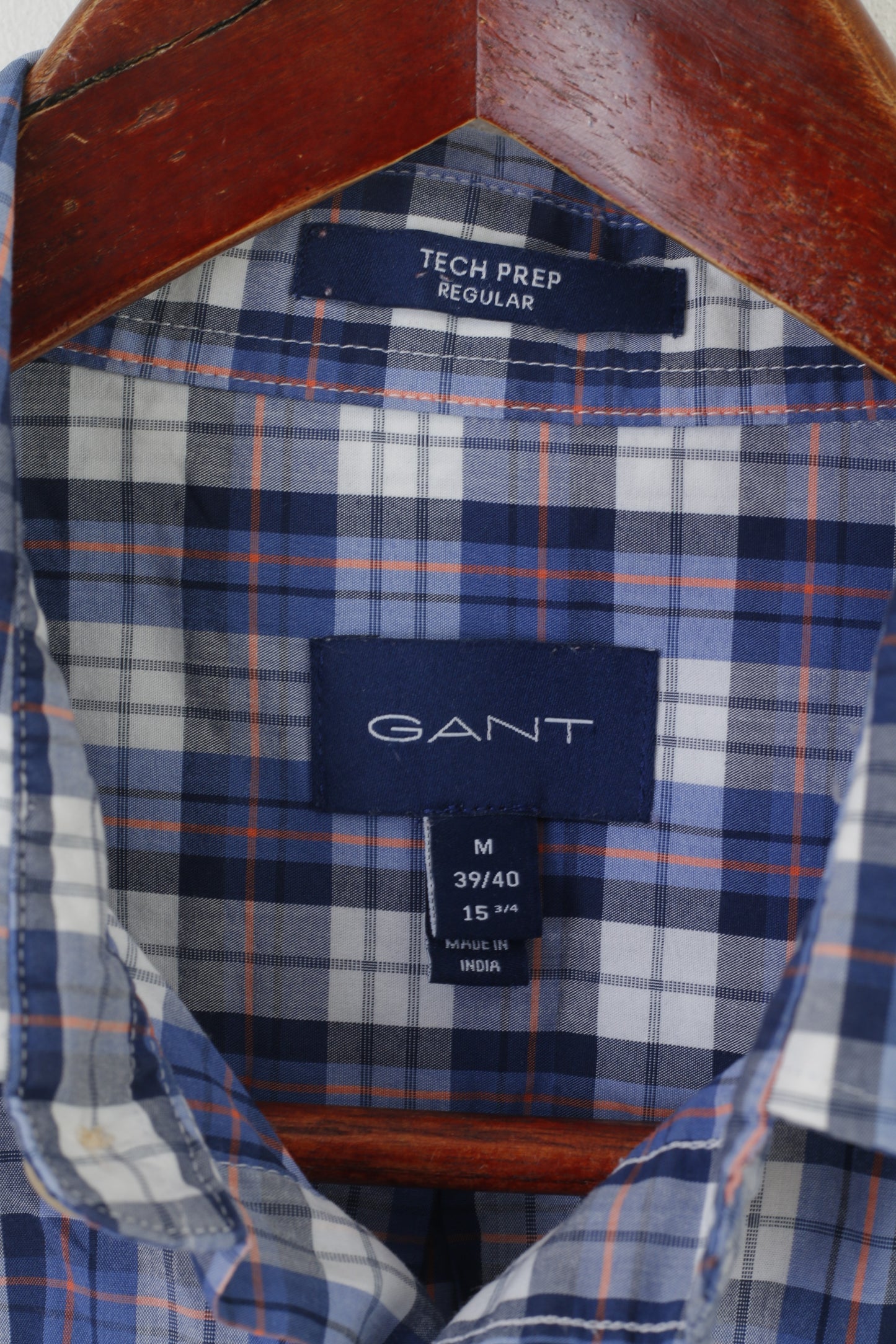 GANT Men M Casual Shirt Blue Check Cotton Short Sleeve Tech Prep Regular Top