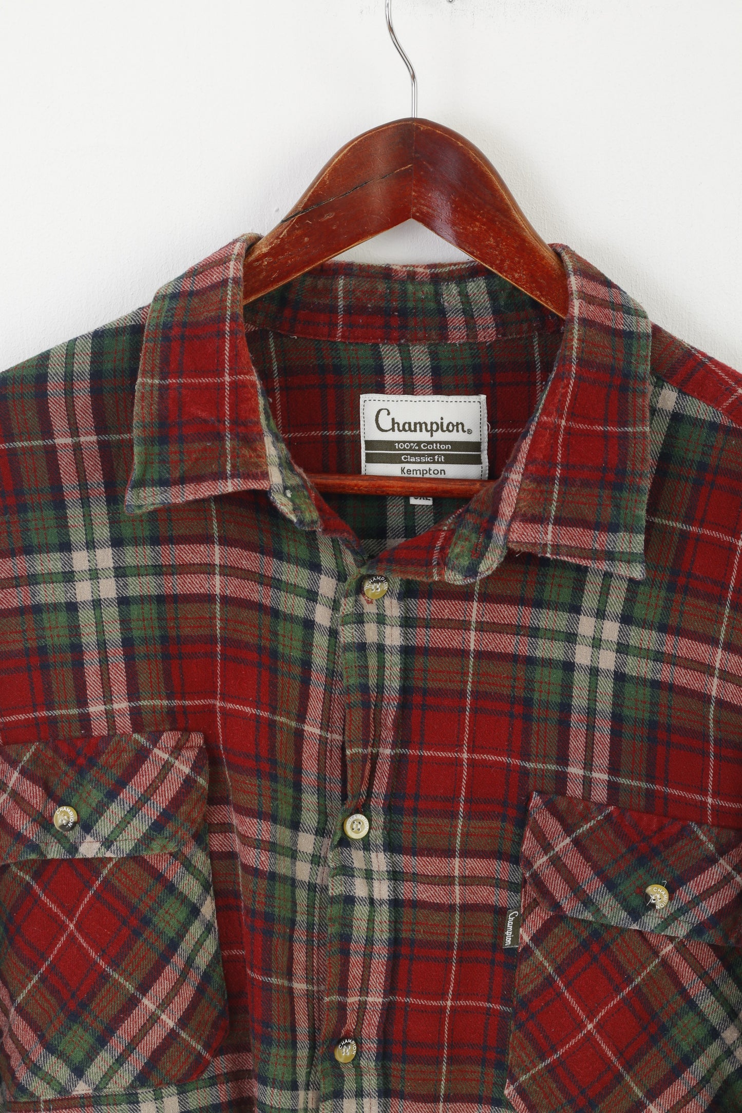 Champion Men 3XL Casual Shirt Red Checkered Vintage Cotton Classic Long Sleeve Top