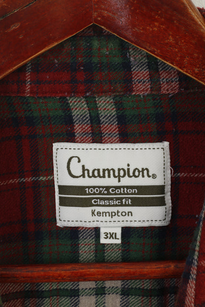 Champion Men 3XL Casual Shirt Red Checkered Vintage Cotton Classic Long Sleeve Top