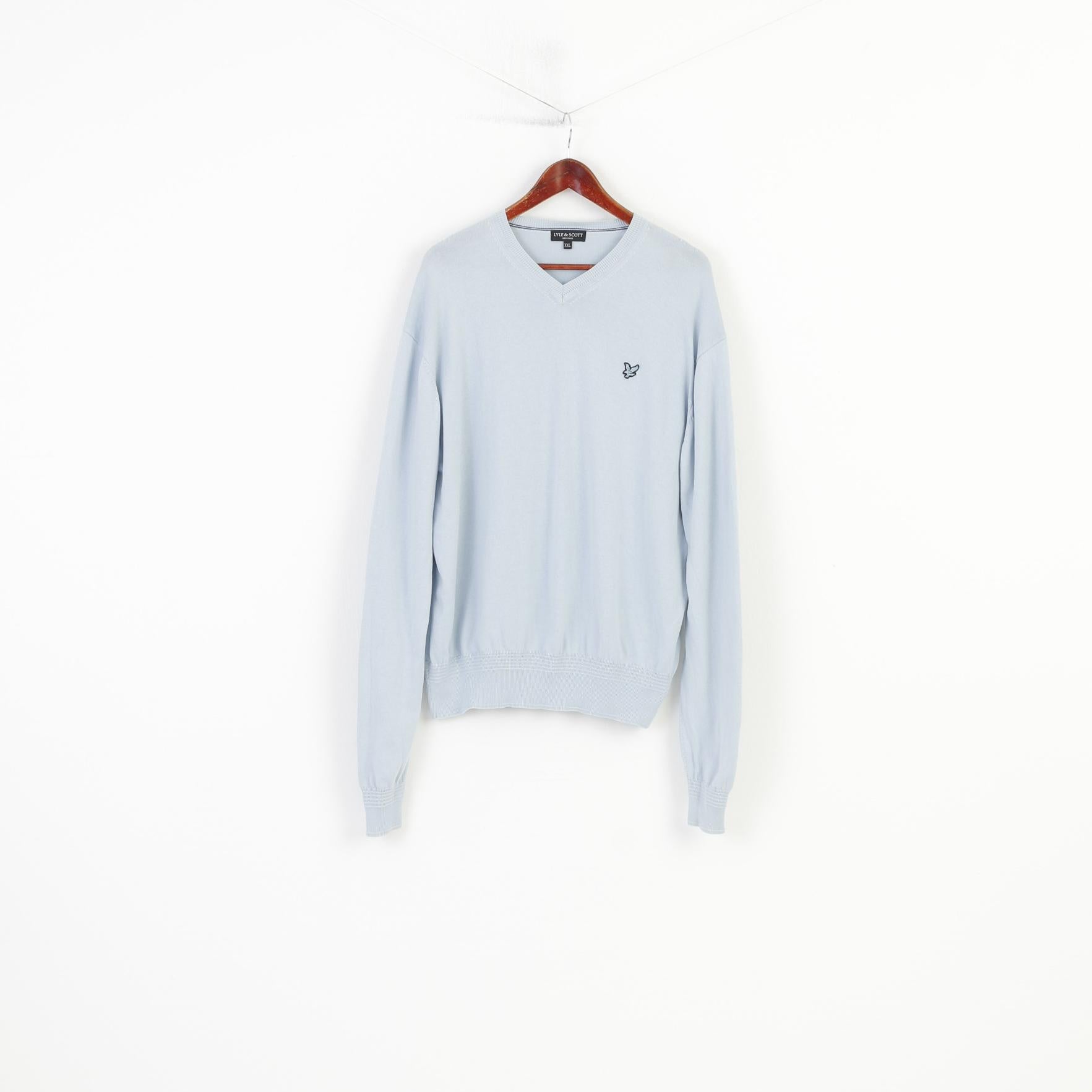 Lyle & Scott Men XXL Jumper Casual Blue Cotton V Neck Light Sweater Heritage Vintage Top