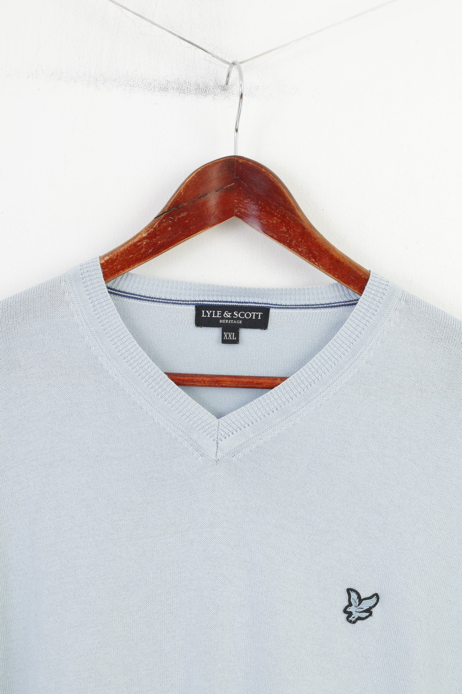 Lyle & Scott Men XXL Jumper Casual Blue Cotton V Neck Light Sweater Heritage Vintage Top