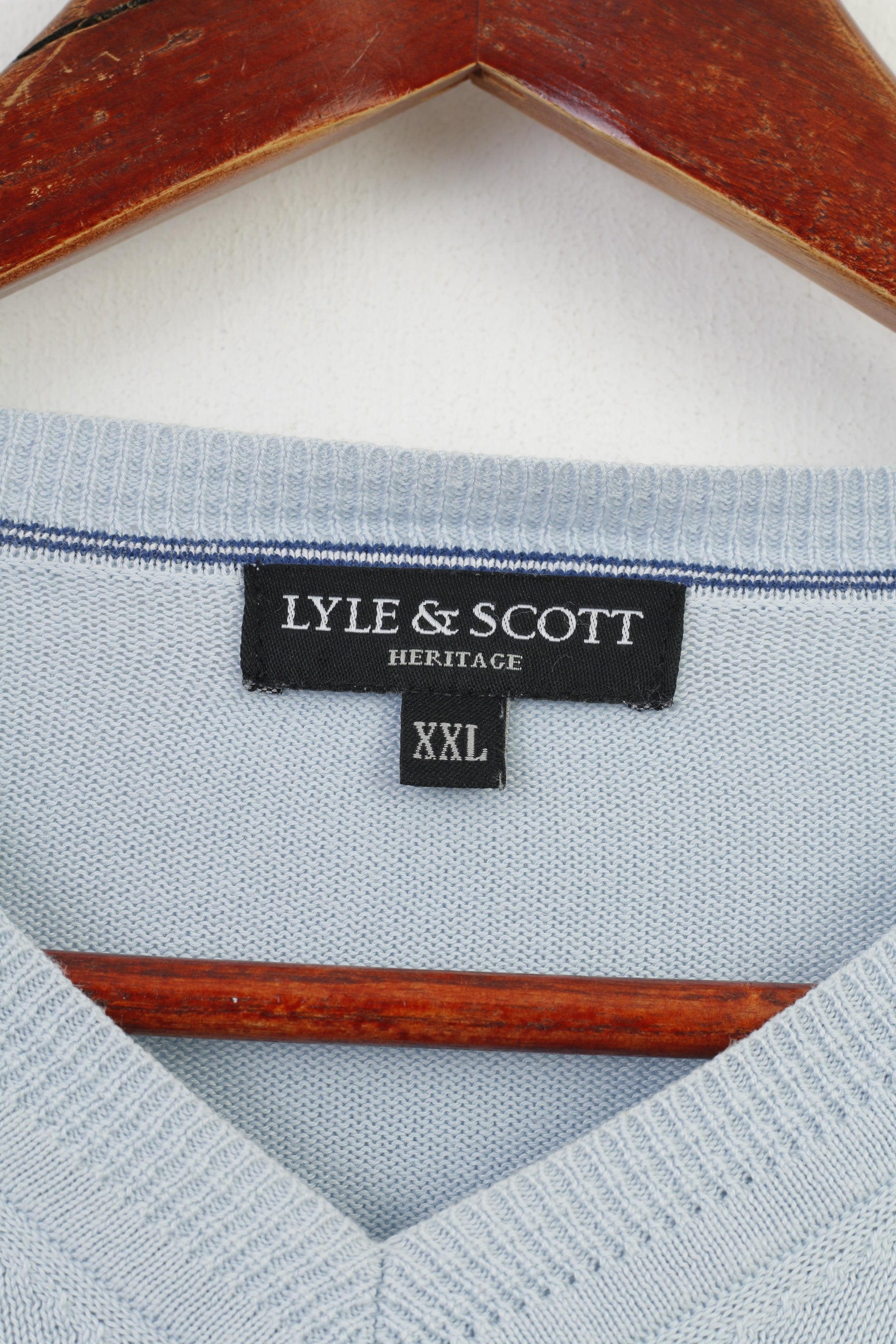 Lyle & Scott Men XXL Jumper Casual Blue Cotton V Neck Light Sweater Heritage Vintage Top