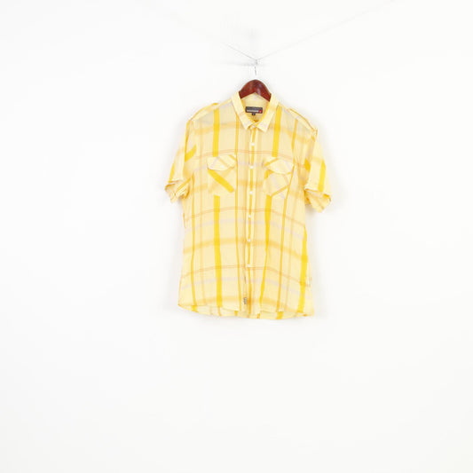 Duck and Cover Men XL Casual Shirt Yellow Checkered Short Sleeve Cotton Classic Pockets Vintage Top