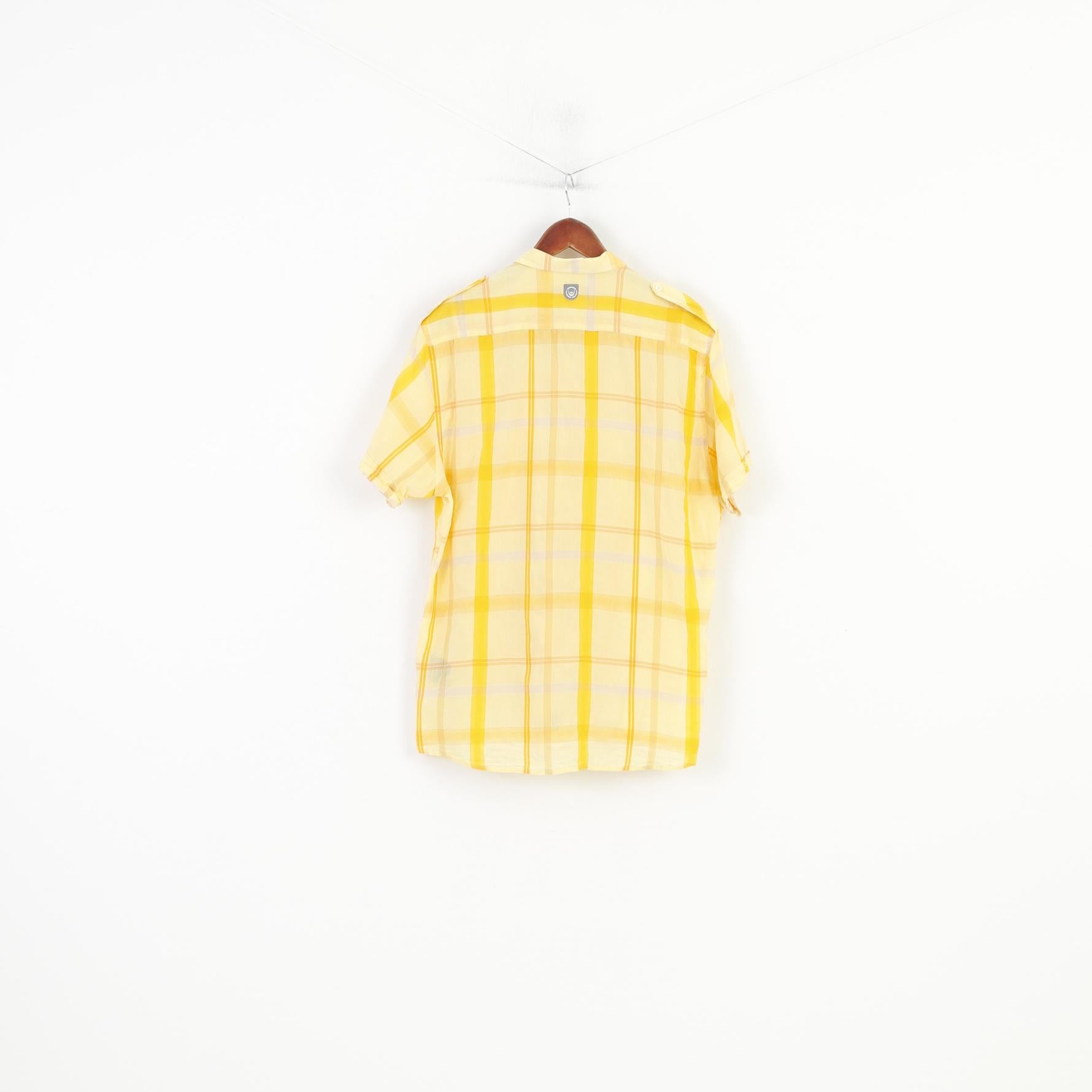 Duck and Cover Camicia casual XL da uomo a quadri gialla a maniche corte in cotone con tasche classiche Top vintage