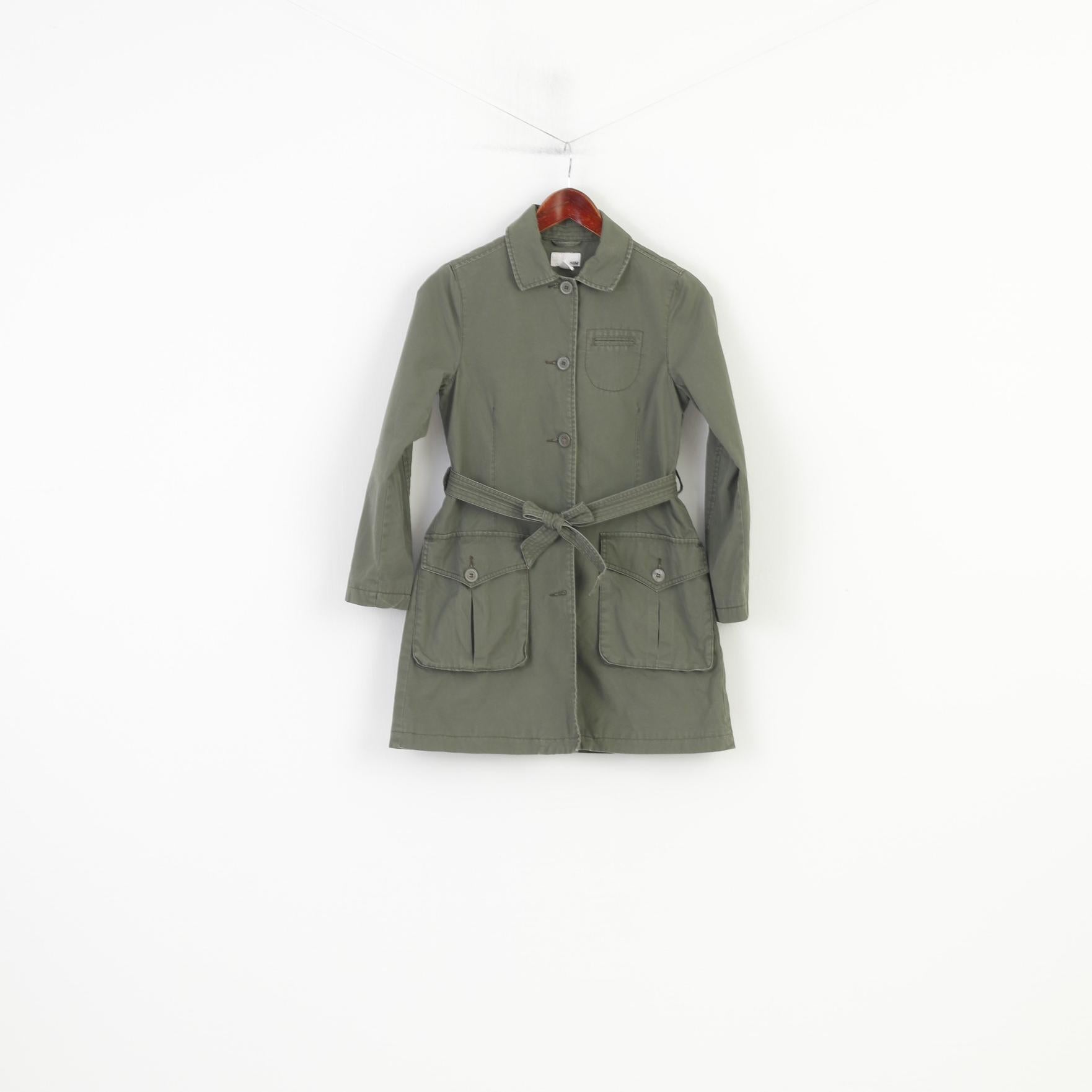 H&M Girls 152 cm 11 Age Coat Green Cotton Single Breasted Belt Pockets Collar Vintage Jacket
