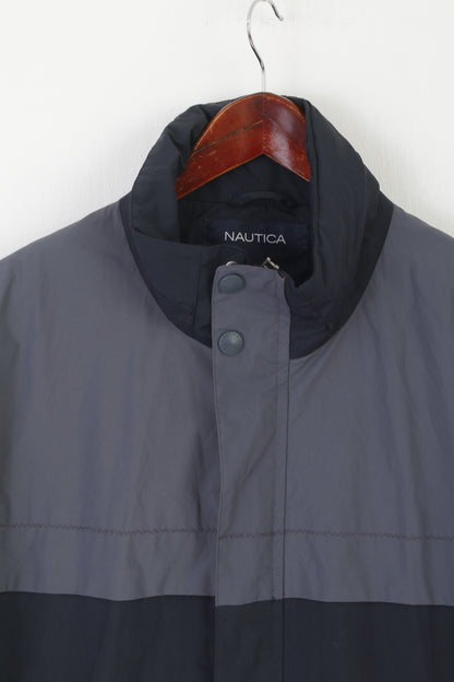 Nautica Men L Jacket Gray Sportswear Nylon Waterproof Windbreaker Hidden Hood Top