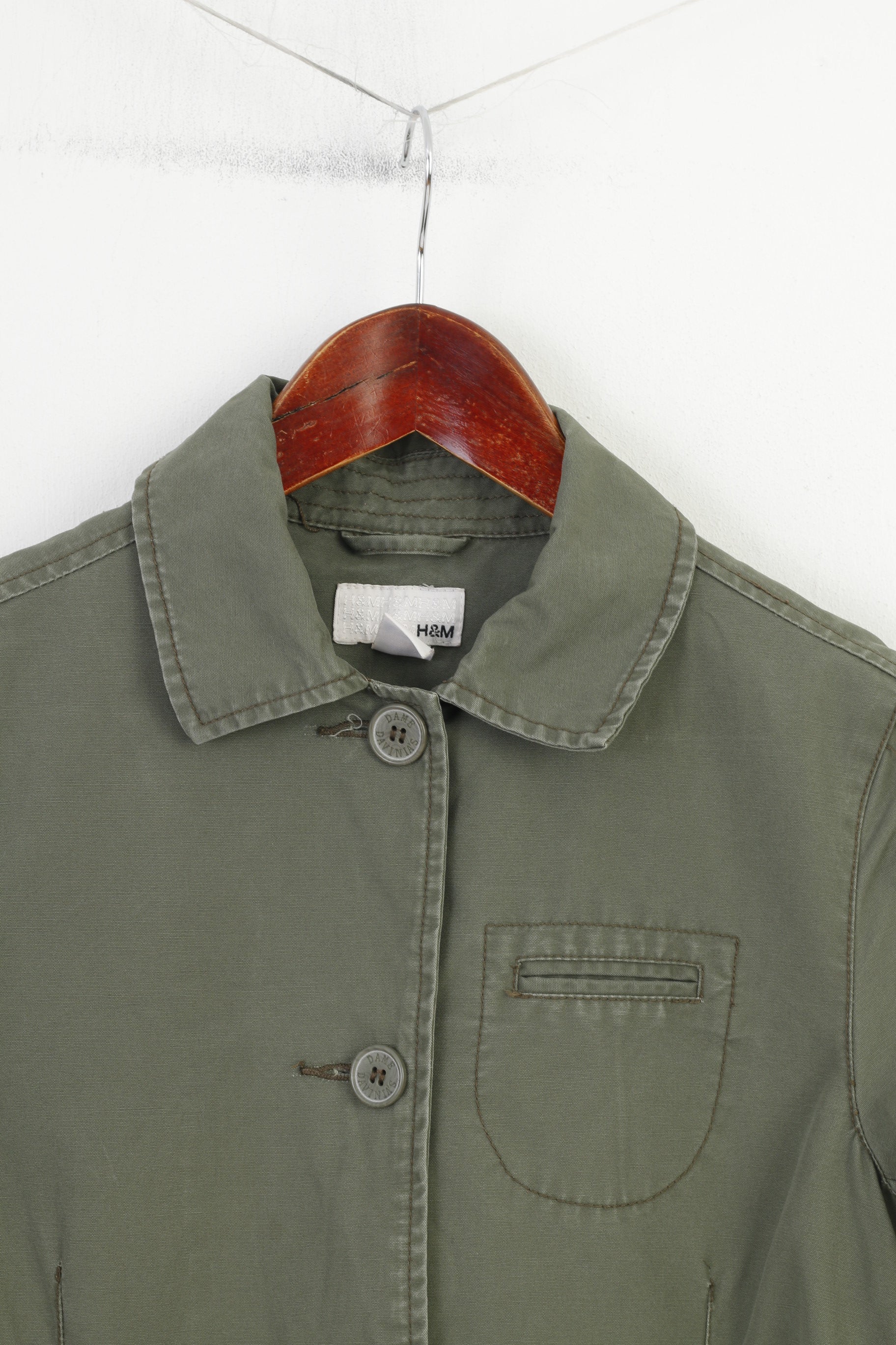 H&M Girls 152 cm 11 Age Coat Green Cotton Single Breasted Belt Pockets Collar Vintage Jacket