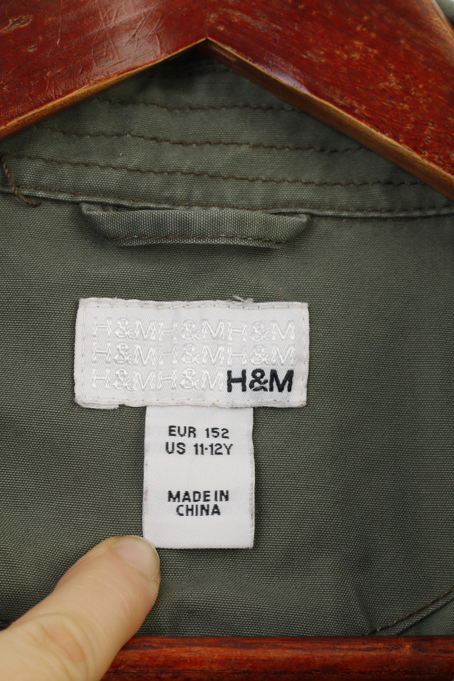 H&M Girls 152 cm 11 Age Coat Green Cotton Single Breasted Belt Pockets Collar Vintage Jacket