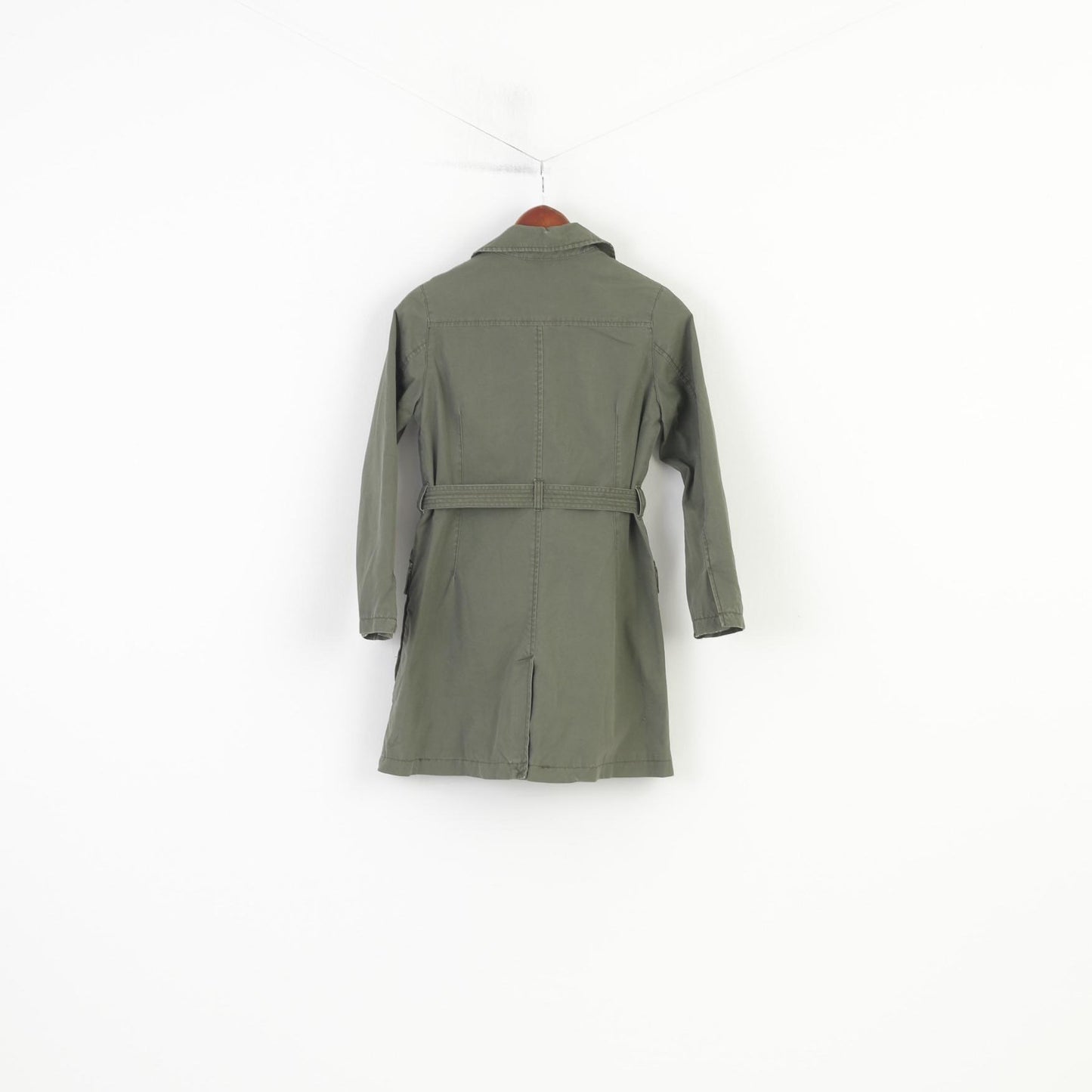 H&M Girls 152 cm 11 Age Coat Green Cotton Single Breasted Belt Pockets Collar Vintage Jacket