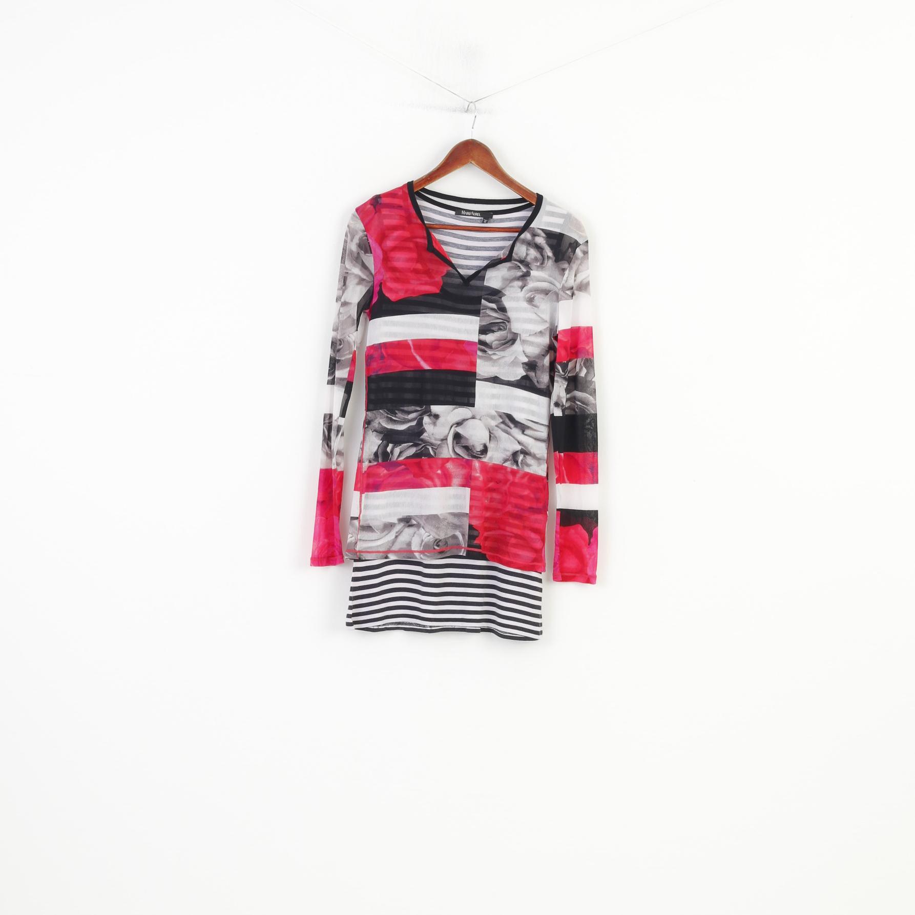 Marc Aurel Women 42 M Shirt Blouse Multi Print Striped White Black Long Sleeve Tunic Stretch Top