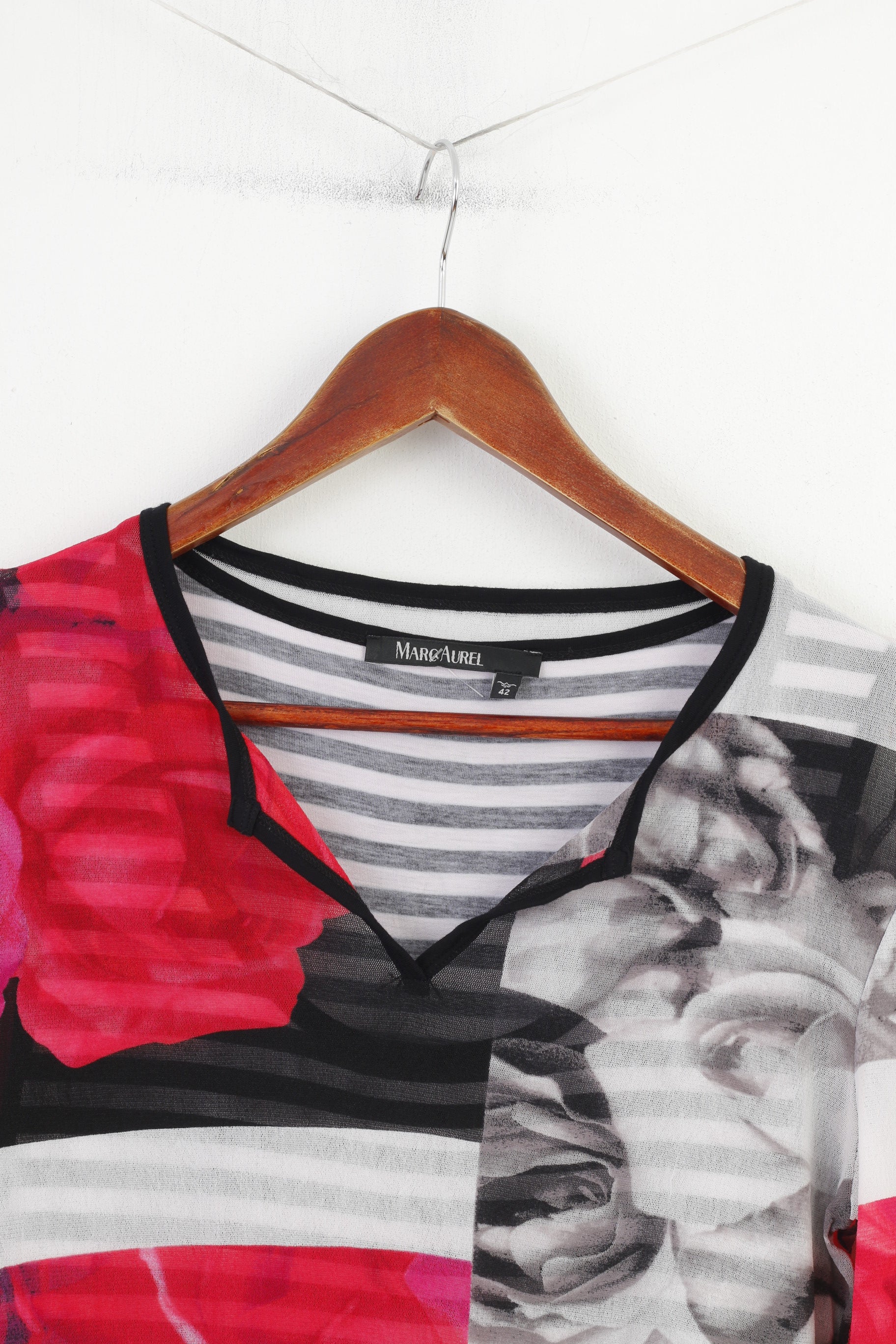 Marc Aurel Women 42 M Shirt Blouse Multi Print Striped White Black Long Sleeve Tunic Stretch Top