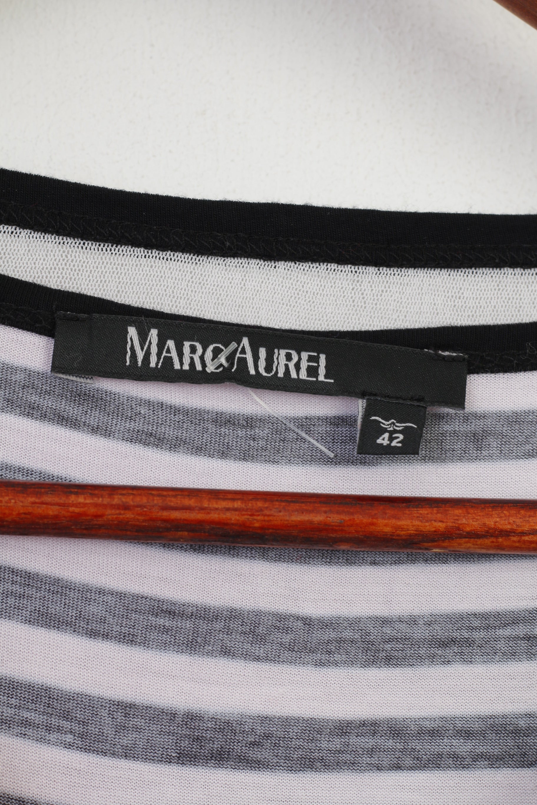 Marc Aurel Women 42 M Shirt Blouse Multi Print Striped White Black Long Sleeve Tunic Stretch Top