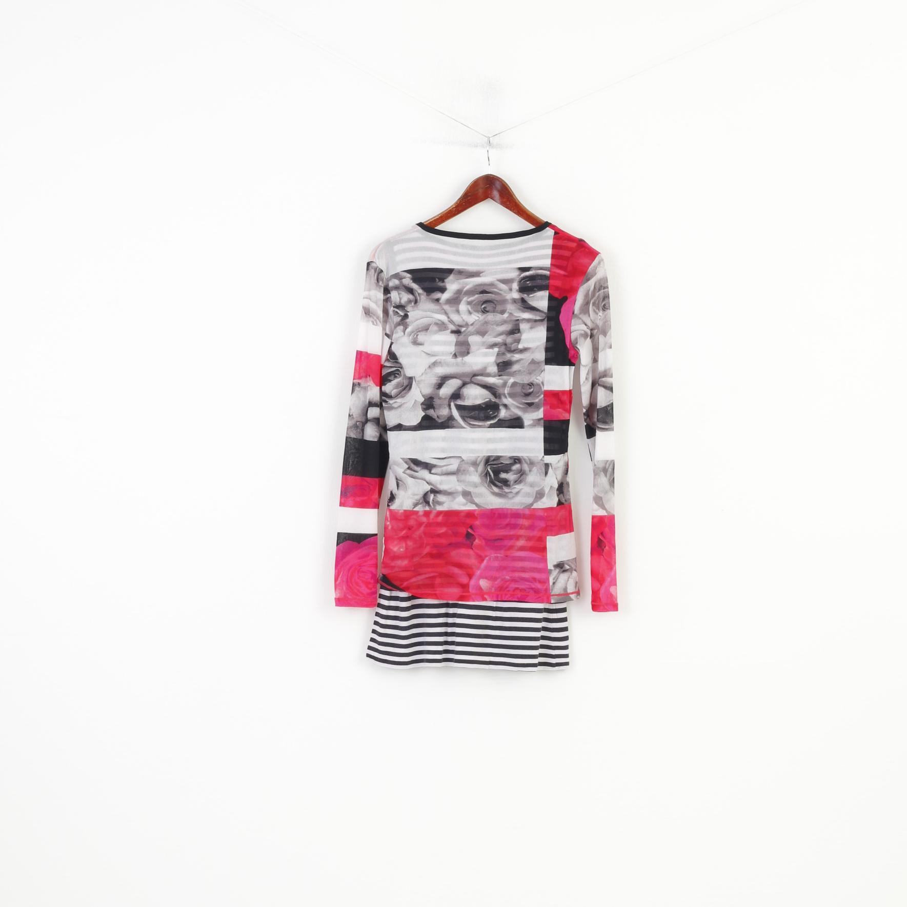 Marc Aurel Women 42 M Shirt Blouse Multi Print Striped White Black Long Sleeve Tunic Stretch Top