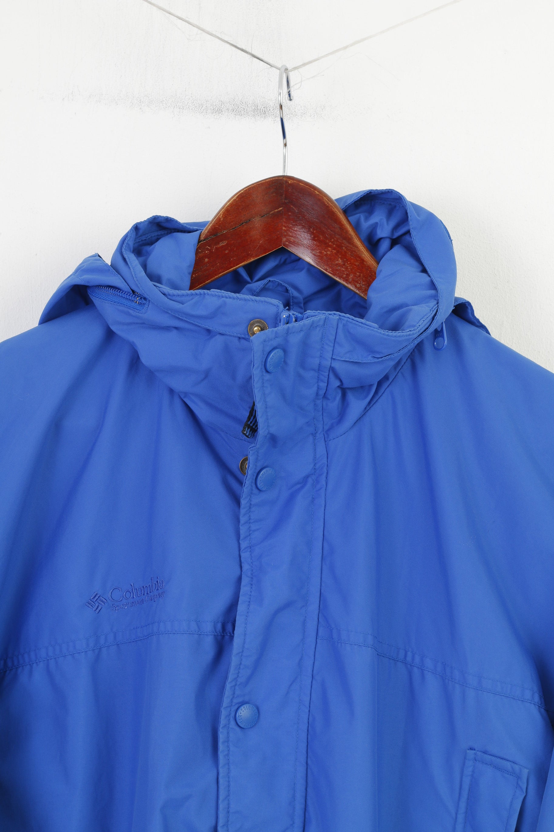Columbia Men 164 L Jacket Parka Blue Nylon Waterprooof Full Zipper Hood Sportswear Company Vintage  Pockets Top