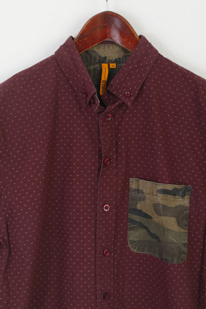 Fuel'D Men M Casual Shirt Burgundy Cotton Camouflage Pocket Printed Long Sleeve Top