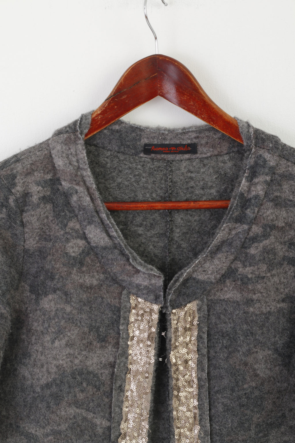 Romeo &amp; Giulia Maglia Donna M Cardigan in Lana Grigia Made in Italy Top Paillettes