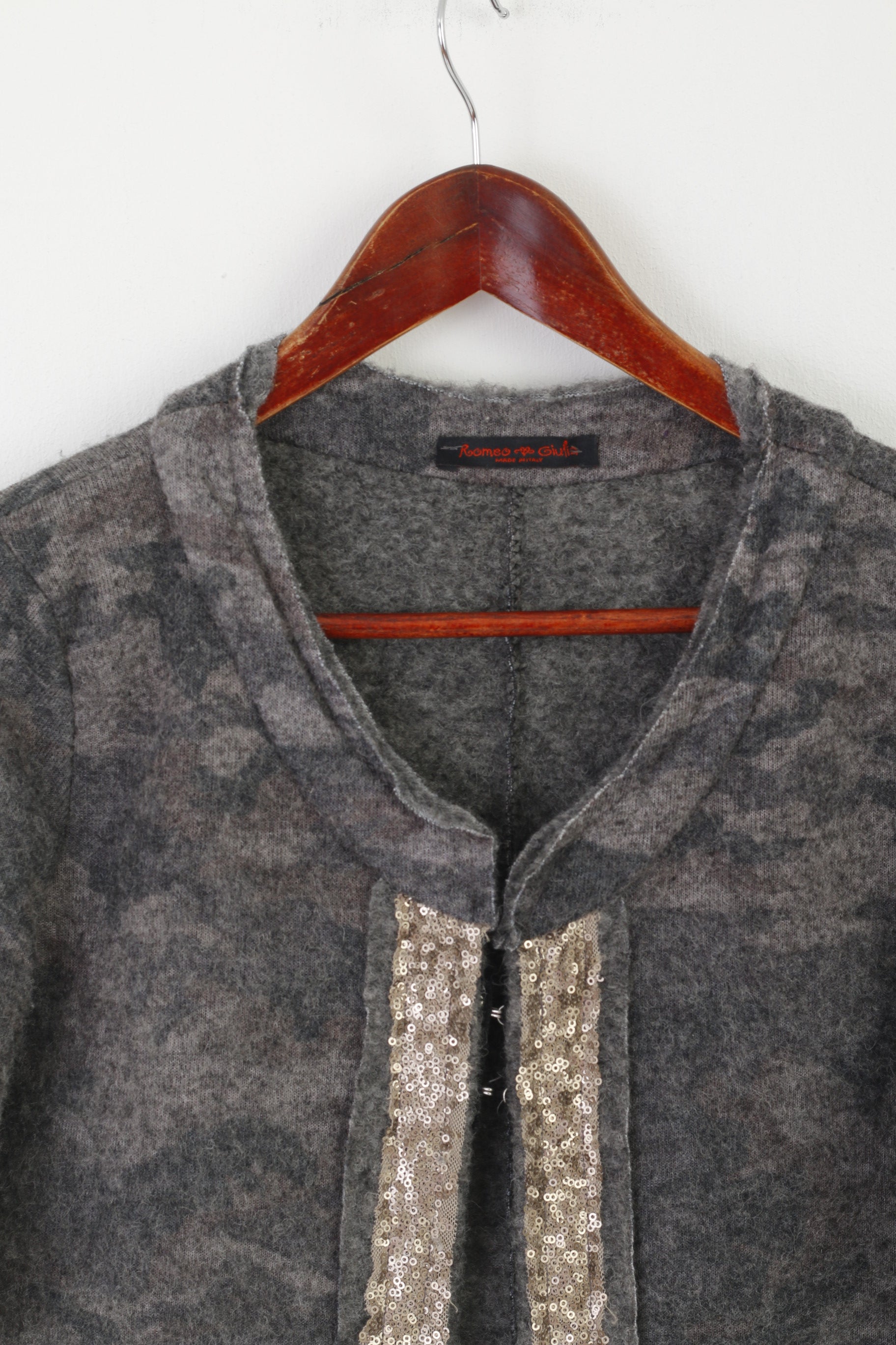 Romeo & Giulia Women M Sweater Gray Wool Cardigan Made in Italy Sequins Top