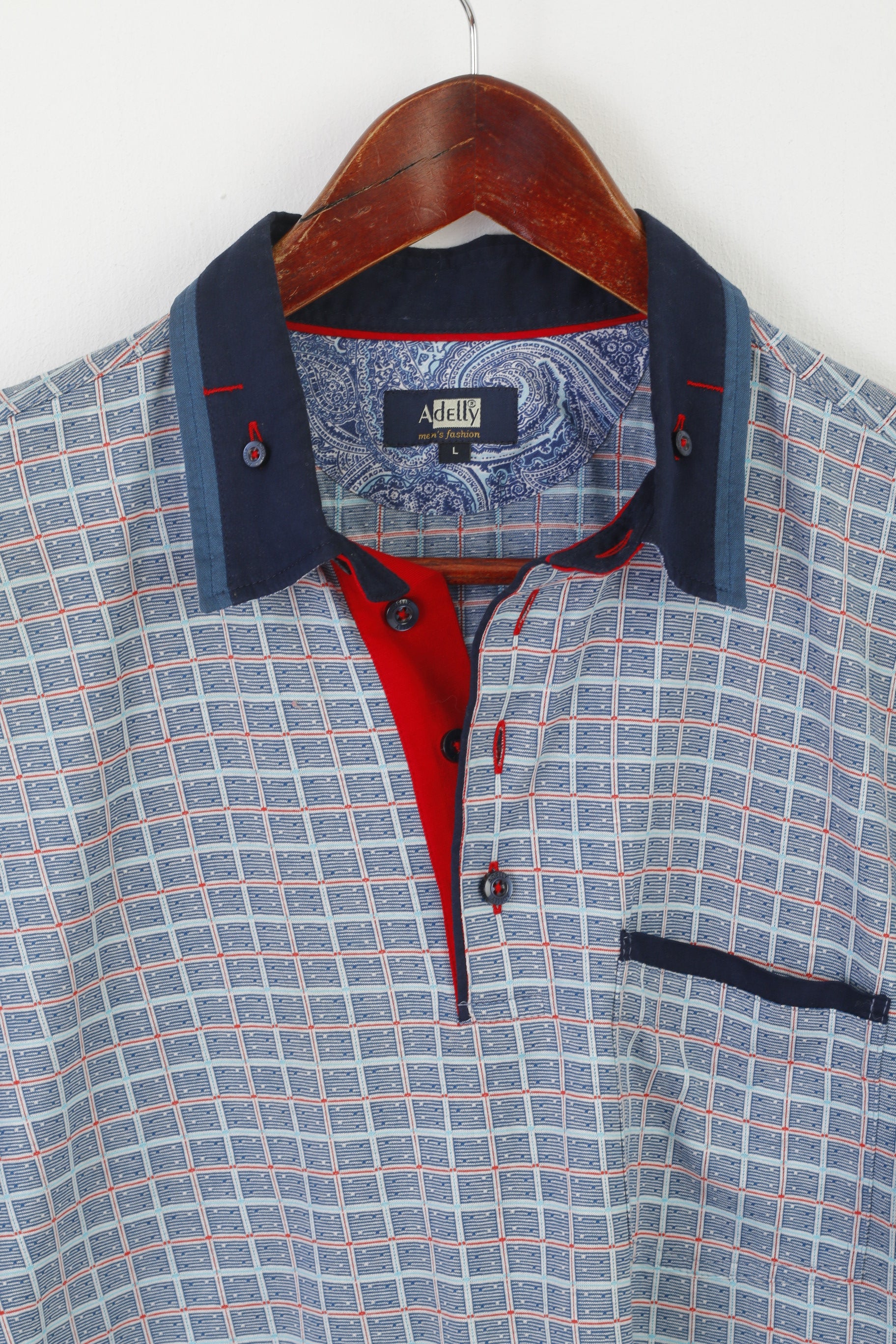 Adelly Men L Polo Shirt Blue Cotton  Check Pocket Detailed Buttons Classic Top
