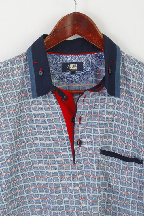 Adelly Hommes L Polo Bleu Coton Poche À Carreaux Boutons Détaillés Haut Classique