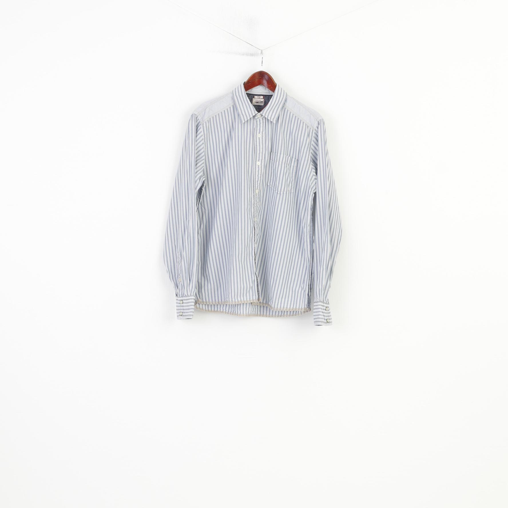 Hilfiger Denim Men L Casual Shirt Striped Long Sleeve Cotton White Collar Denim Top
