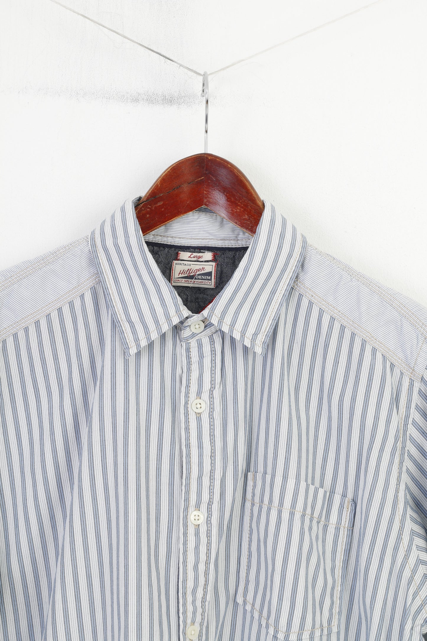 Hilfiger Denim Men L Casual Shirt Striped Long Sleeve Cotton White Collar Denim Top