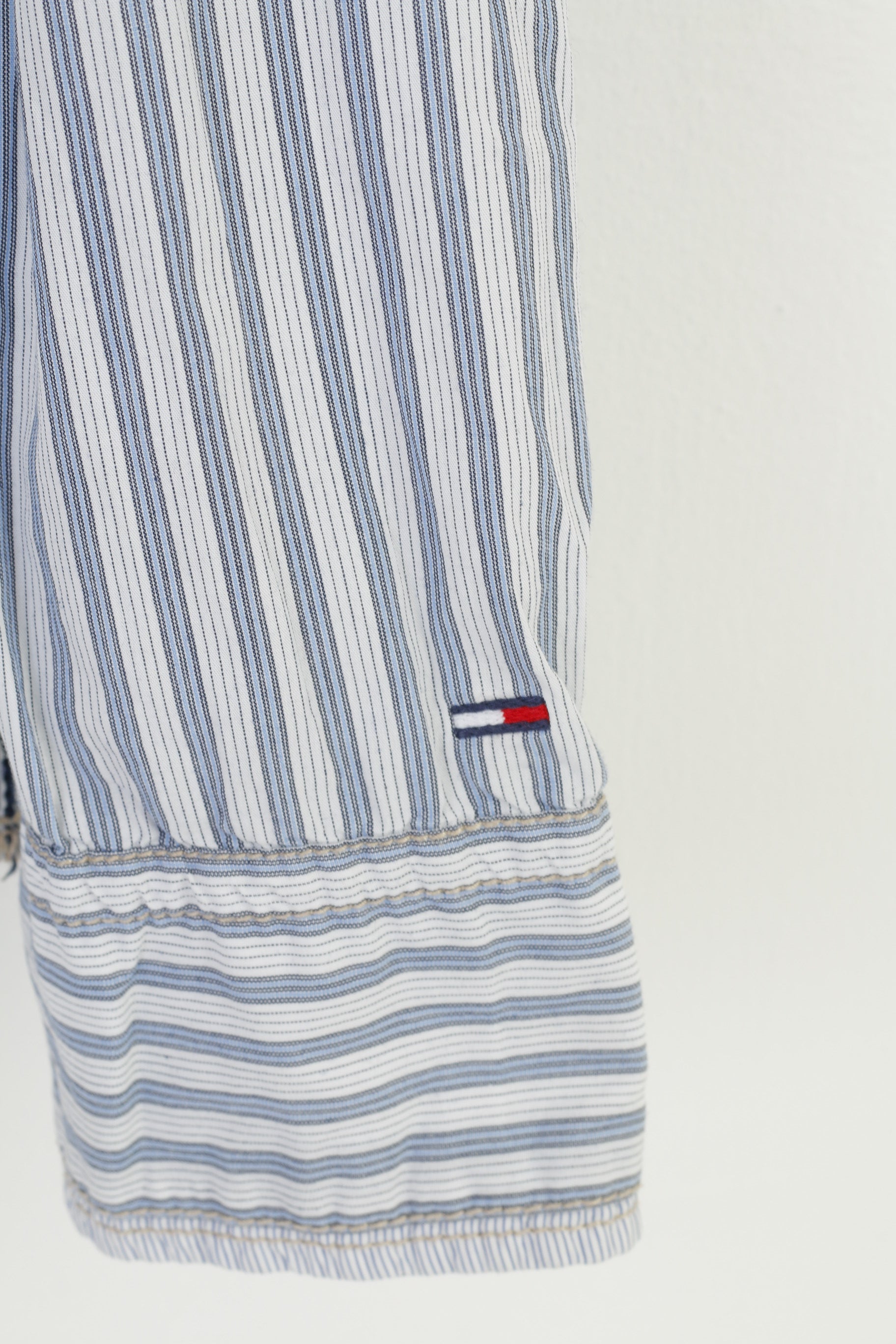 Hilfiger Denim Men L Chemise décontractée rayée à manches longues en coton col blanc haut en jean 