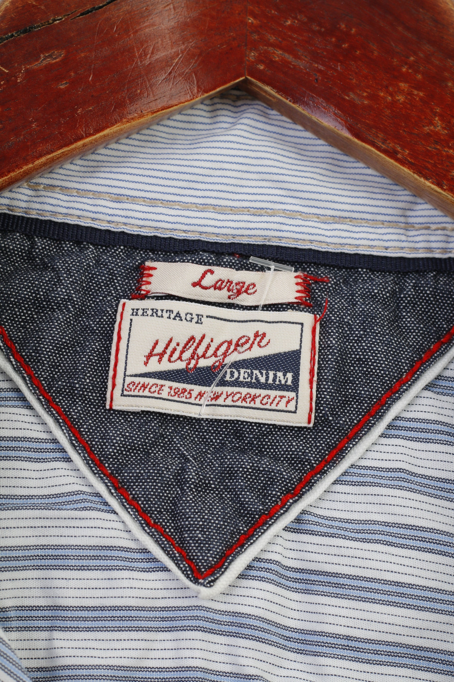 Hilfiger Denim Men L Chemise décontractée rayée à manches longues en coton col blanc haut en jean 