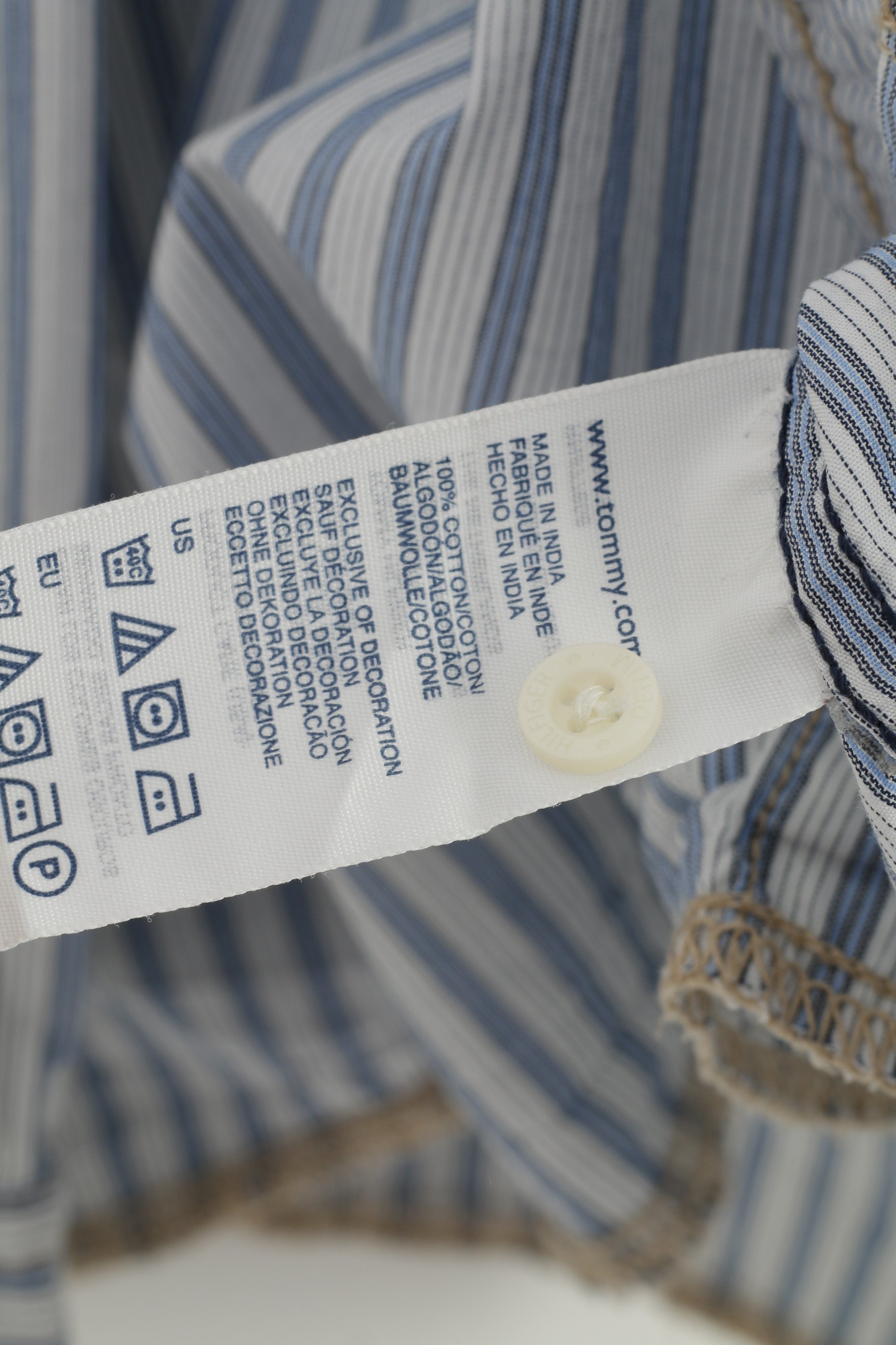 Hilfiger Denim Men L Chemise décontractée rayée à manches longues en coton col blanc haut en jean 