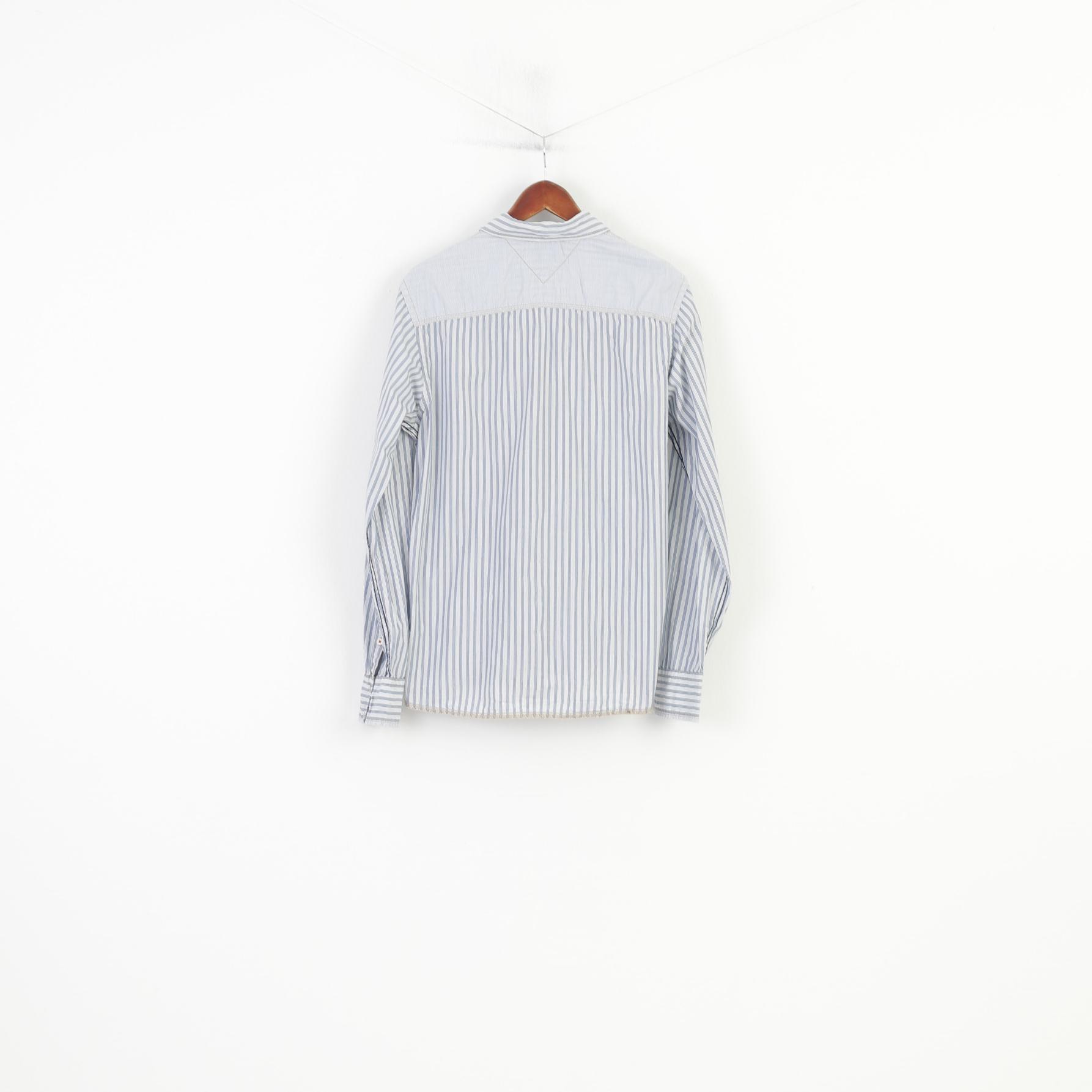 Hilfiger Denim Men L Chemise décontractée rayée à manches longues en coton col blanc haut en jean 