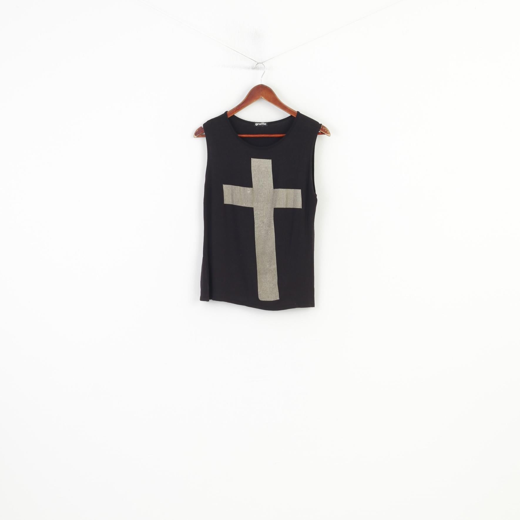 Graffic Women M Shirt Sleeveless Cross Print Black Summer Elastic Top