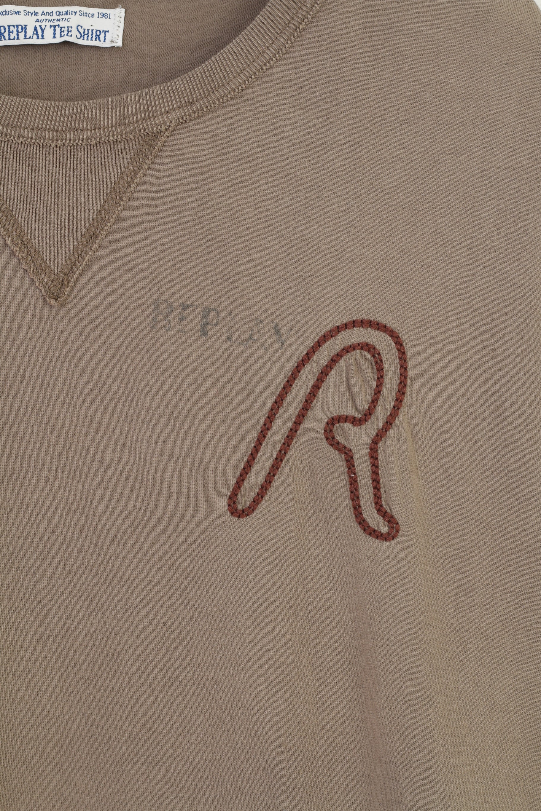 Replay Uomo M T-shirt in cotone manica corta marrone T-shirt girocollo autentico top vintage 