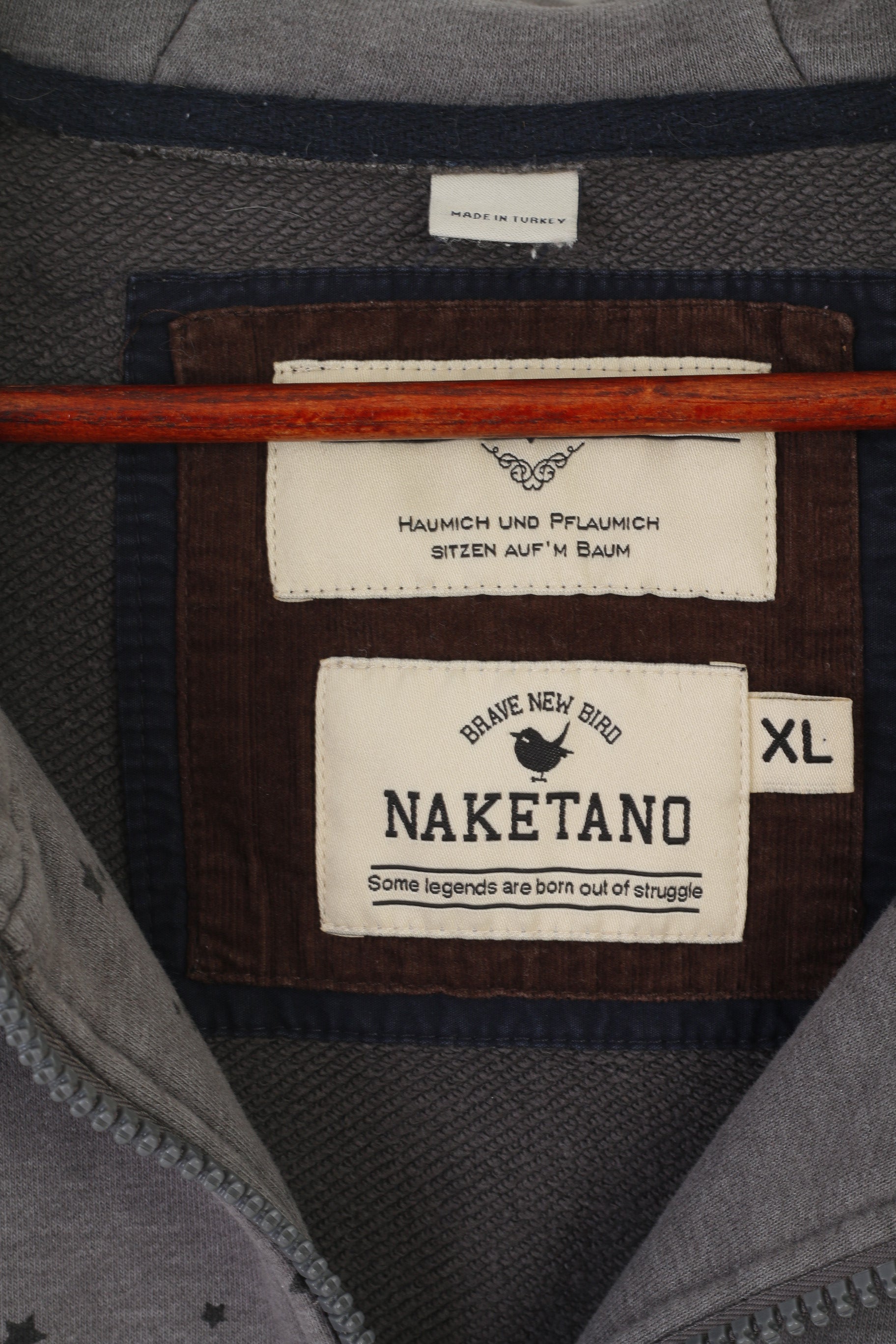 Naketano Women XL Sweatshirt Gray Cotton Hooded Detailed Zip Up Sport Top