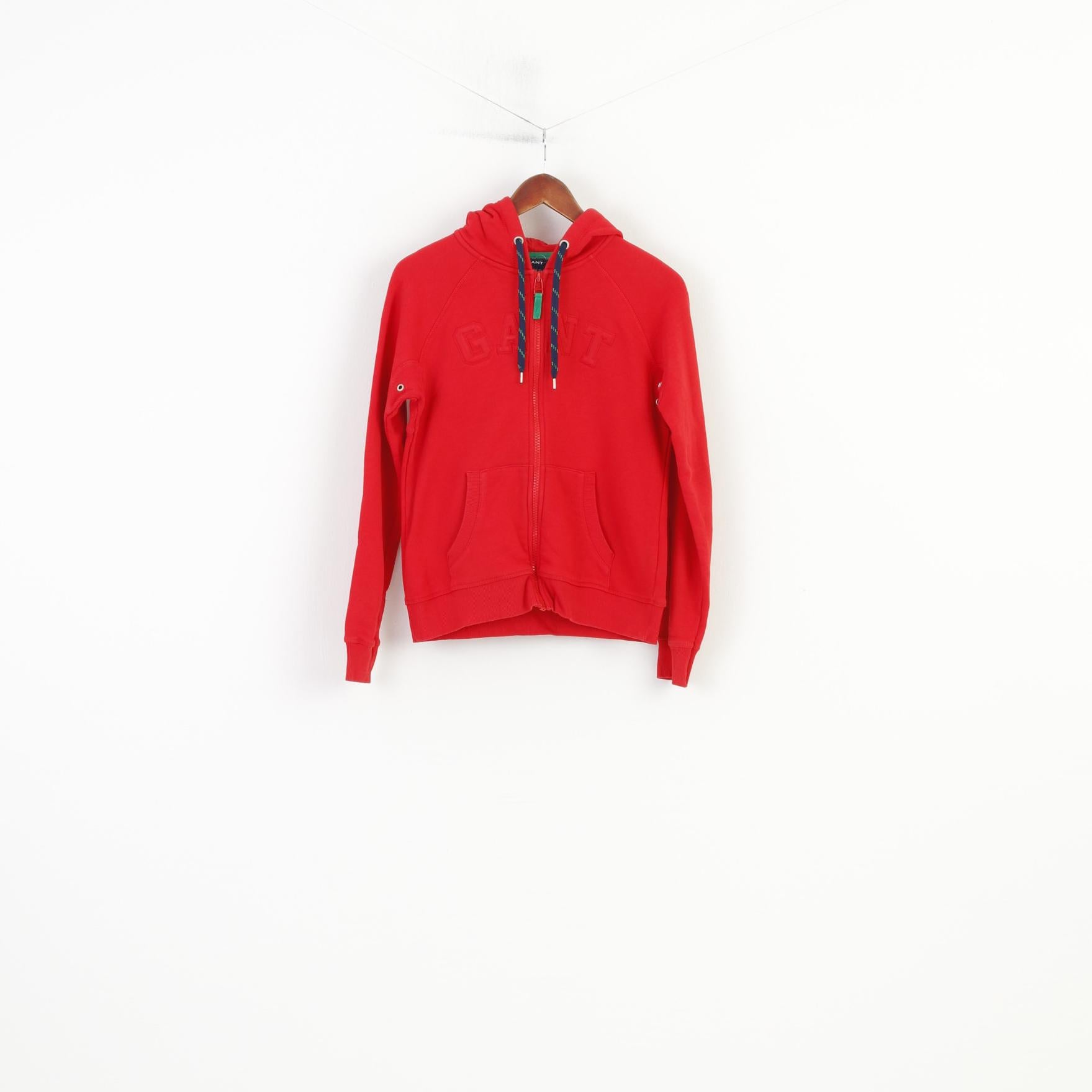Gant Women M Sweatshirt Red Hooded Full Zipper Cotton Vintage Training Hoodie Top