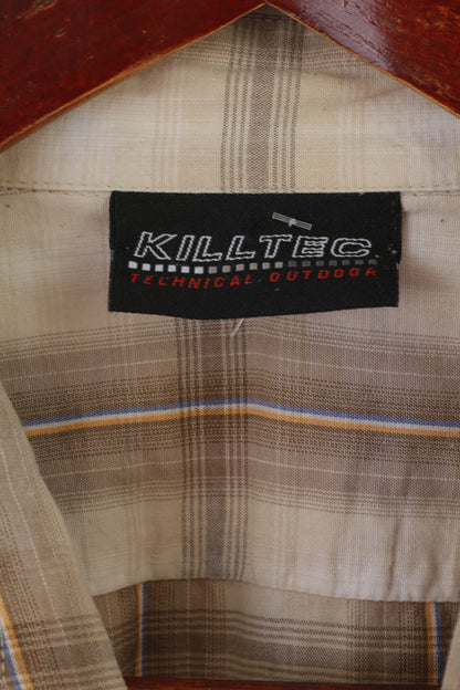 Killtec Men L Chemise décontractée Beige Check Technique Extérieur Manches Courtes Vintage Top