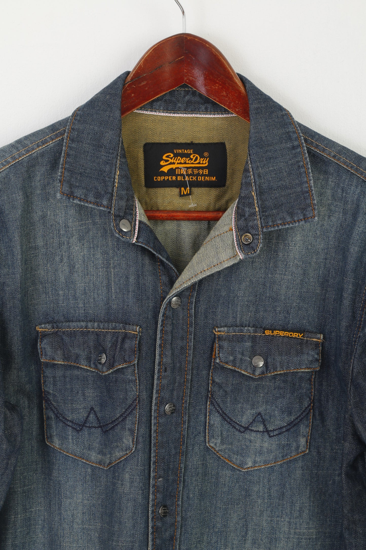 vintage Superdry Hommes M Chemise décontractée Marine Denim Coton Snap Haut à manches longues