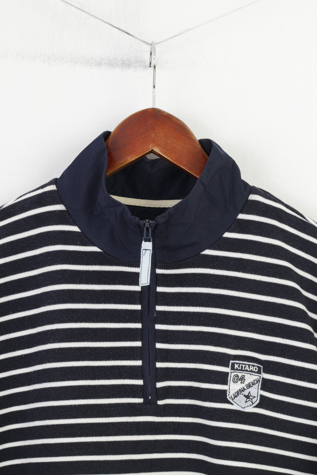 Kitaro Women XL Sweatshirt Marine Striped Long Sleeve Navy Zip Neck Cotton Laguna Beach Collar Top