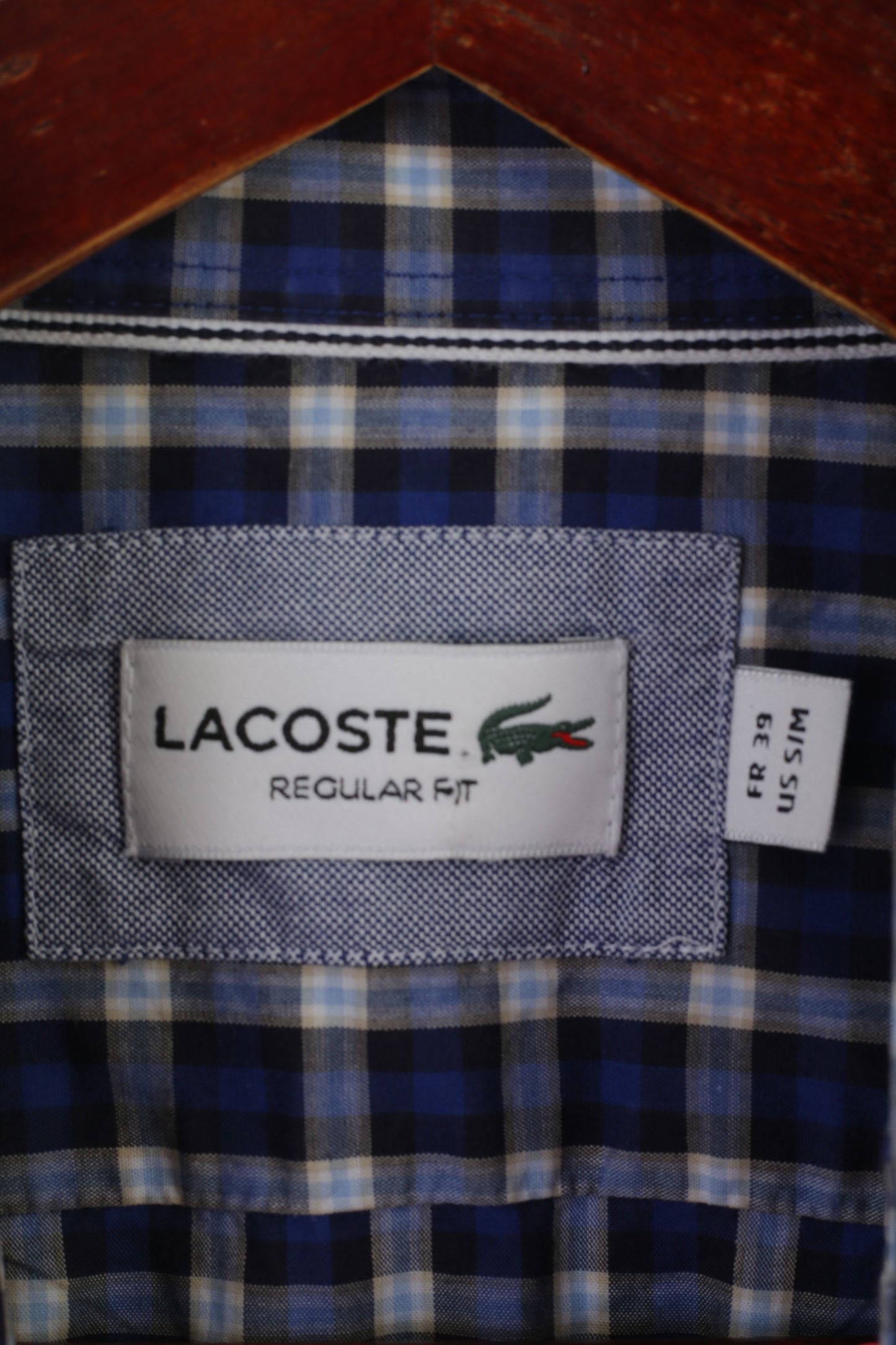 Lacoste Men 39 S/M Casual Shirt Blue Check Cotton Refular Fit Long Sleeve Top