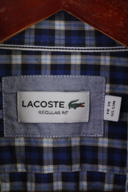 Lacoste Hommes 39 S/M Chemise décontractée Bleu à carreaux Coton Refular Fit Haut à manches longues