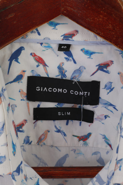 Giacomo Conti Men S Casual Shirt White Cotton Slim Fit Birds Printed Long Sleeve Top