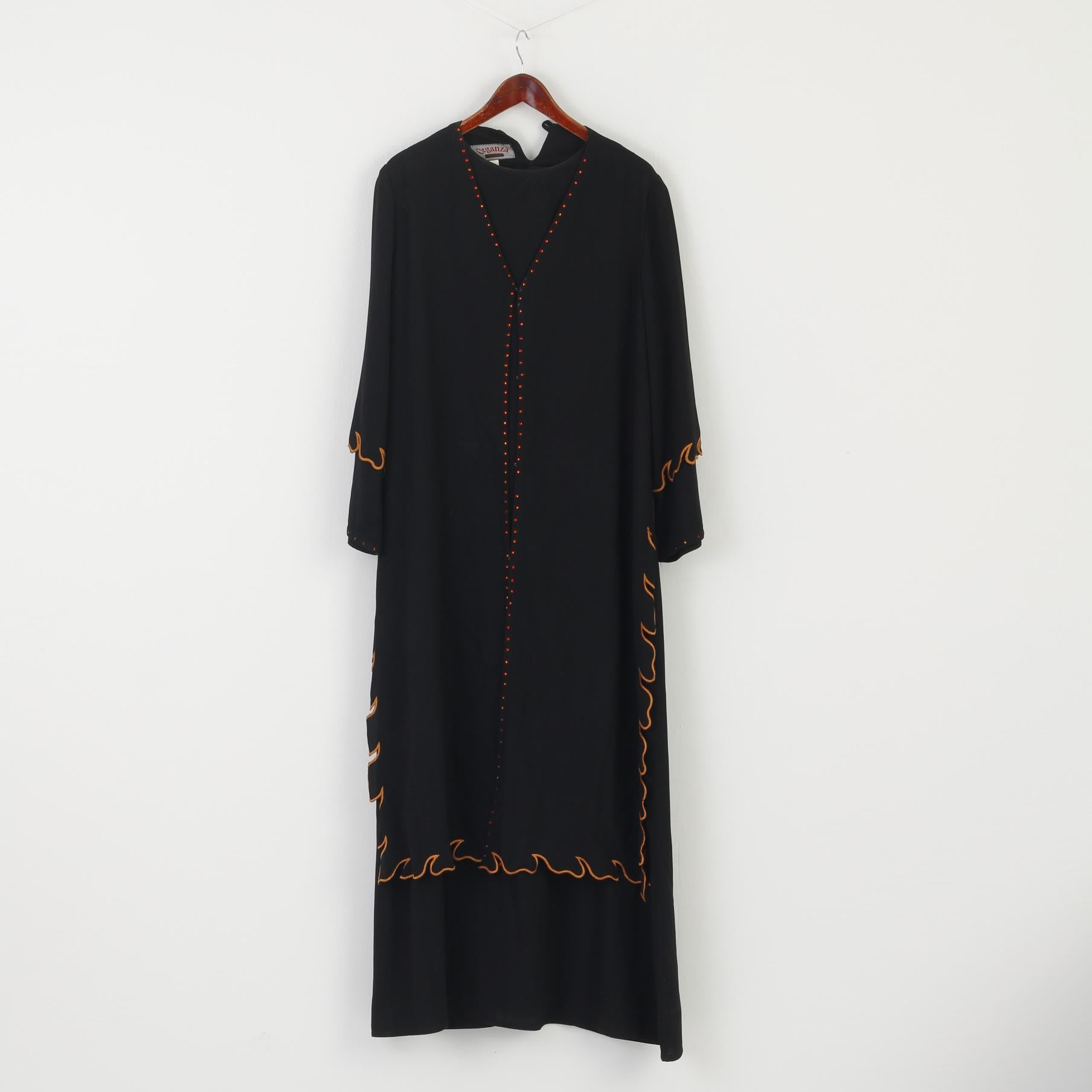 Organza Women L Long Dress Black Turkish Dubai Vintage Detailed Shoulder Pads