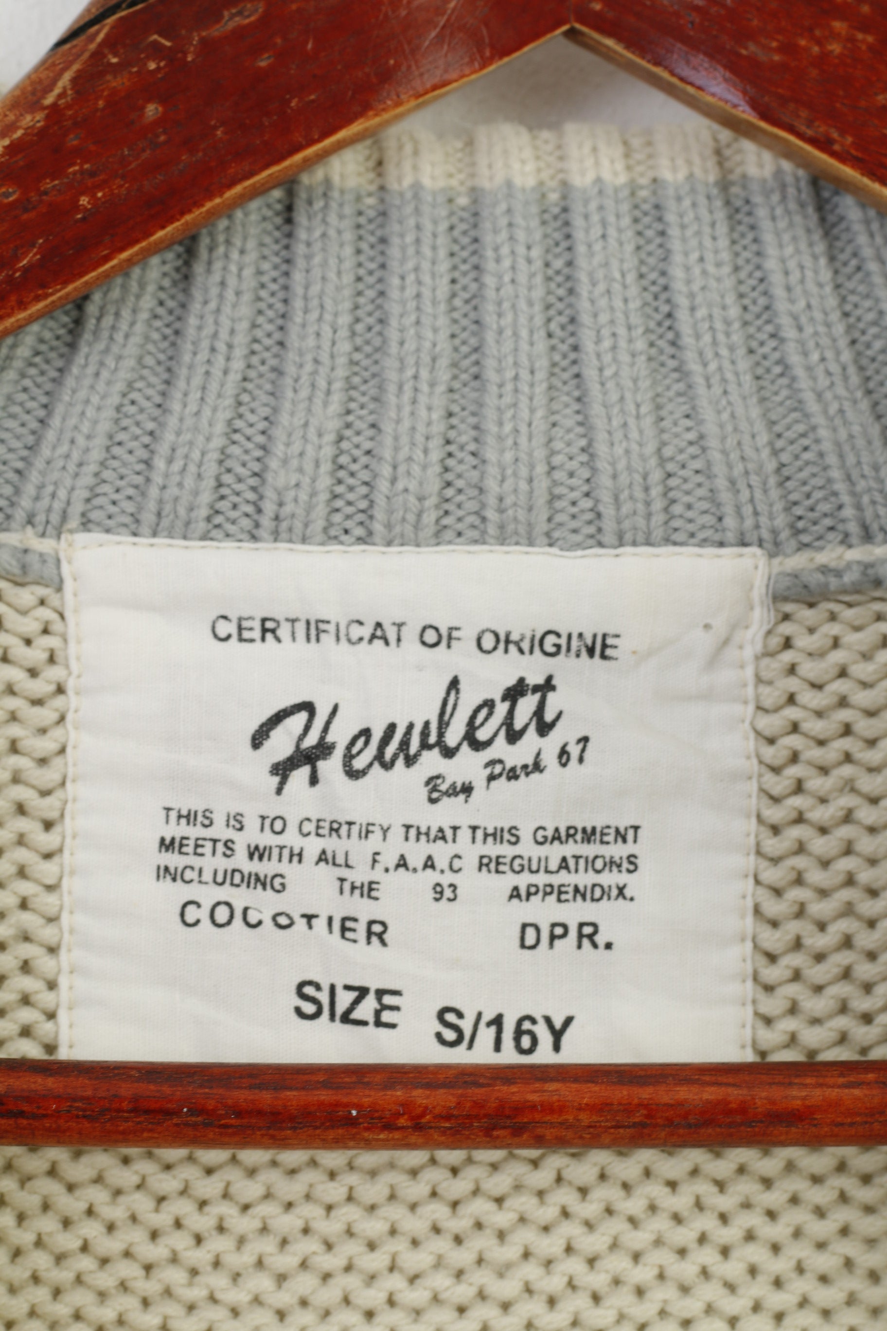 Hewlett Boys S 16 Age Jumper Full Zipper Beige Cotton Sweater Col d’hiver vintage Top 