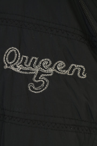 Gilet da donna Queen S scaldacollo nero trapuntato con cerniera in nylon con cappuccio in pelliccia vintage 