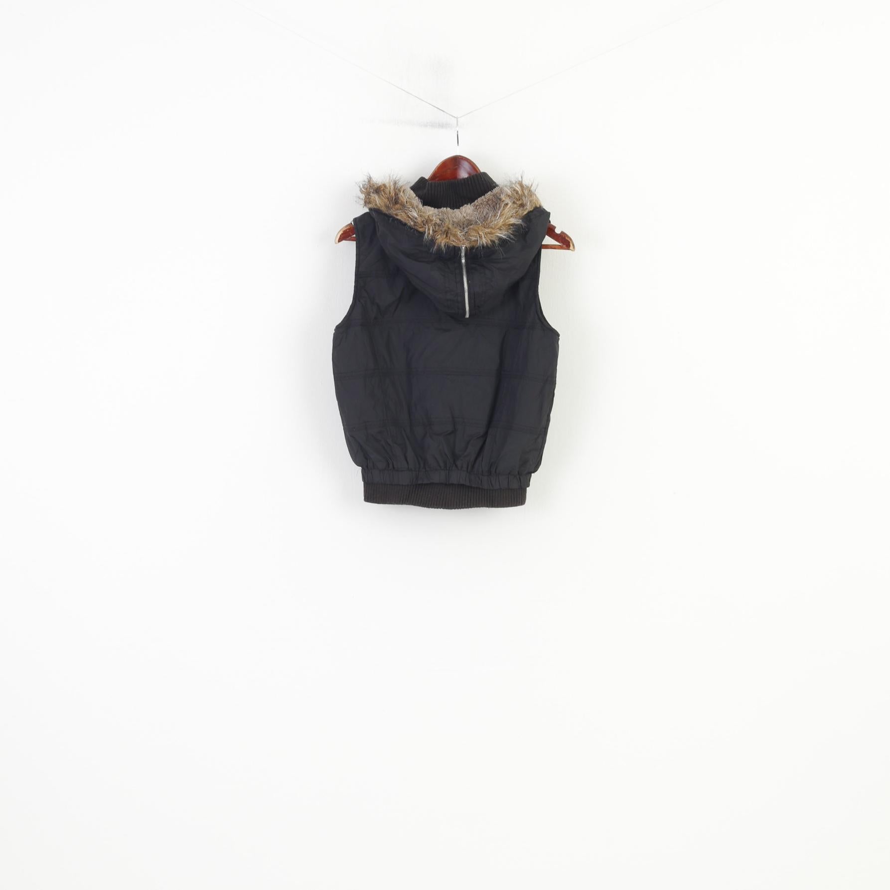 Queen Women S Vest Bodywarmer Black Quilted Zip Up Nylon Fur Hood Vintage Top