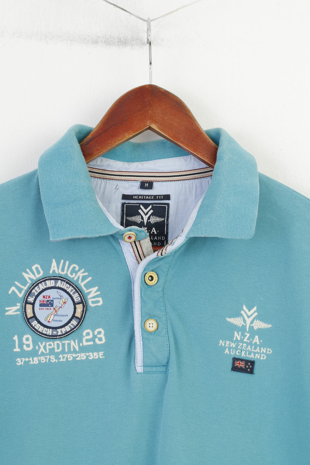 New Zealand Auckland Men M Polo Shirt Heritage Fit Buttons Detailed Cotton Turquoise Vintage Top