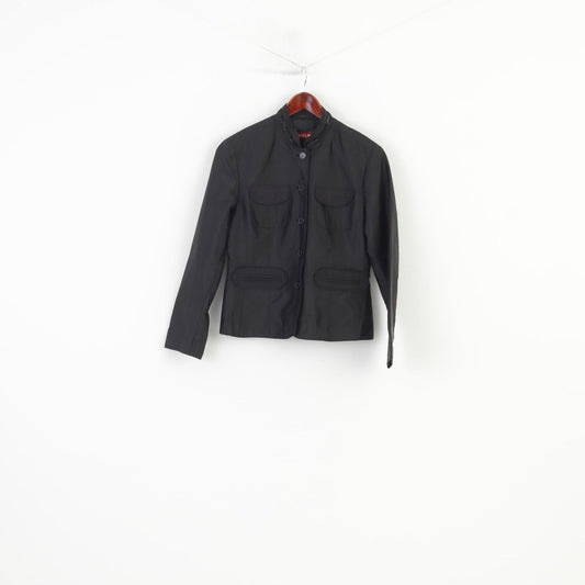 Taifun Collection Women 40 M Silk Blazer Black Single Breasted Shiny Shoulder Pads Pocket Jacket