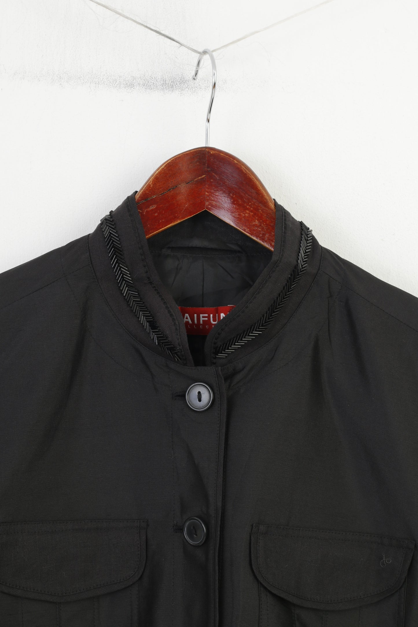 Collezione Taifun Donna 40 M Blazer in seta Giacca tascabile con spalline lucide monopetto nera 